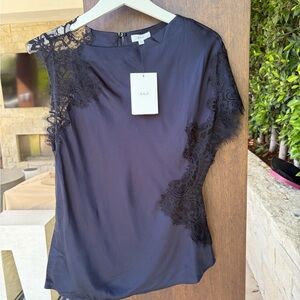 A.L.C. Black Silk-Blend Lace Trim Blouse